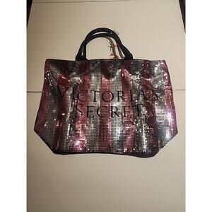 VICTORIAS SECRET PINK LG pink silver glittery tote bag double handles w/logo NWT